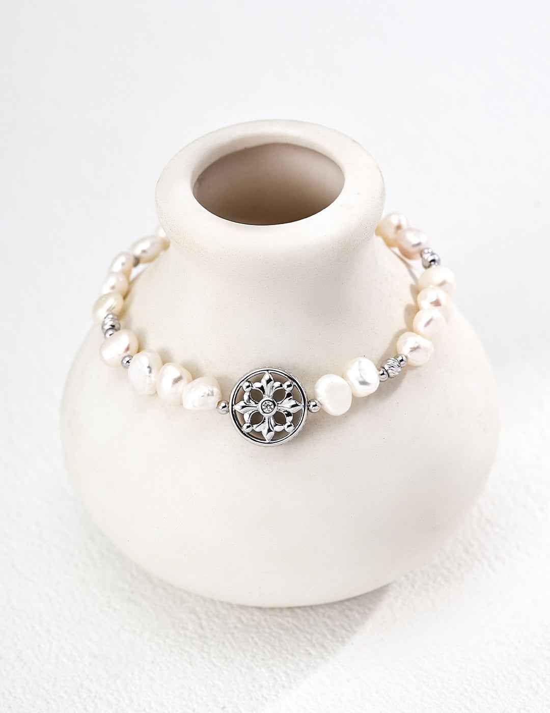 925 sterling silver pearl bracelet with floral CZ charm, silver tone