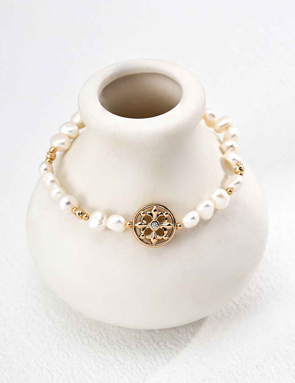 925 sterling silver pearl bracelet with openwork floral charm, vintage gold tone