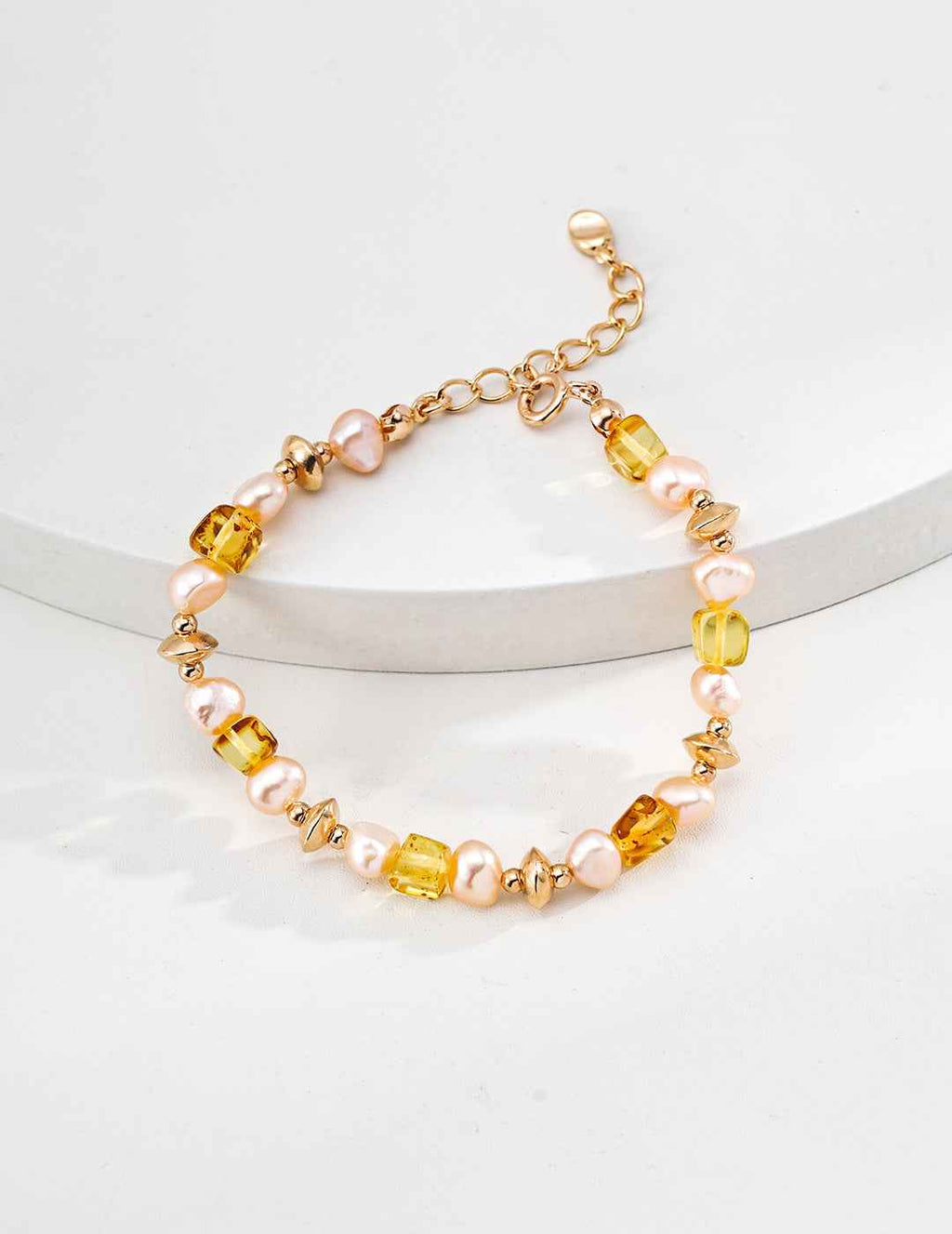 925 sterling silver beaded bracelet with natural amber and freshwater pearls, gold-tone hardware