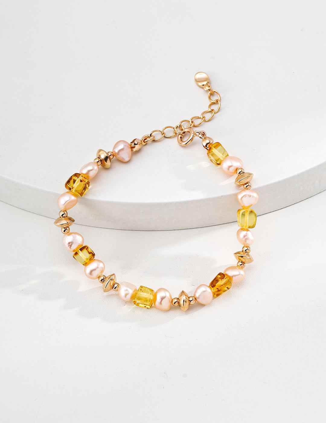 925 sterling silver beaded bracelet with natural amber and freshwater pearls, gold-tone hardware