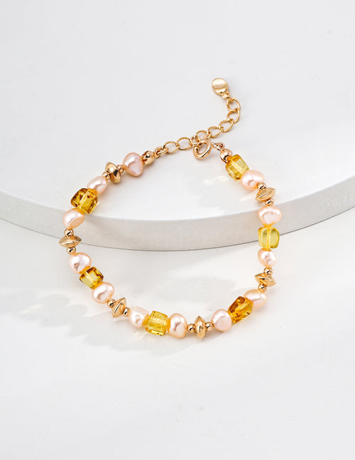 925 Sterling Silver Amber and Freshwater Pearl Beaded Bracelet