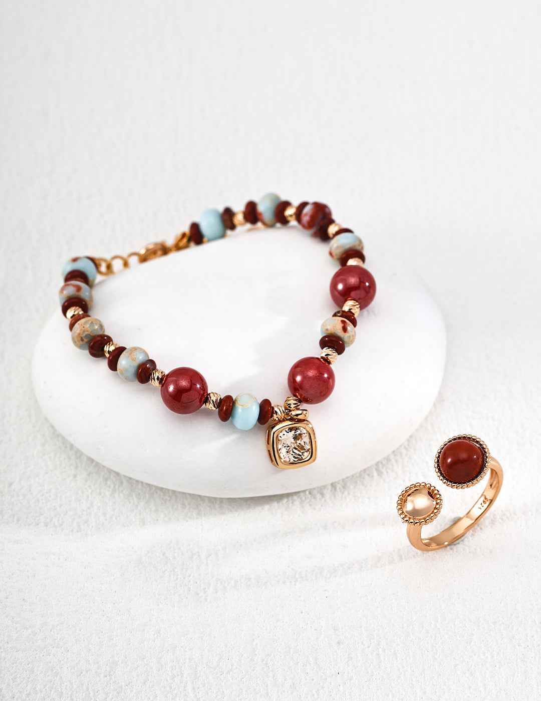 925 Sterling Silver Beaded Bracelet with Shoushan Stone and Cinnabar