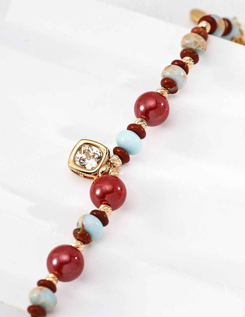 925 Sterling Silver Beaded Bracelet with Shoushan Stone and Cinnabar