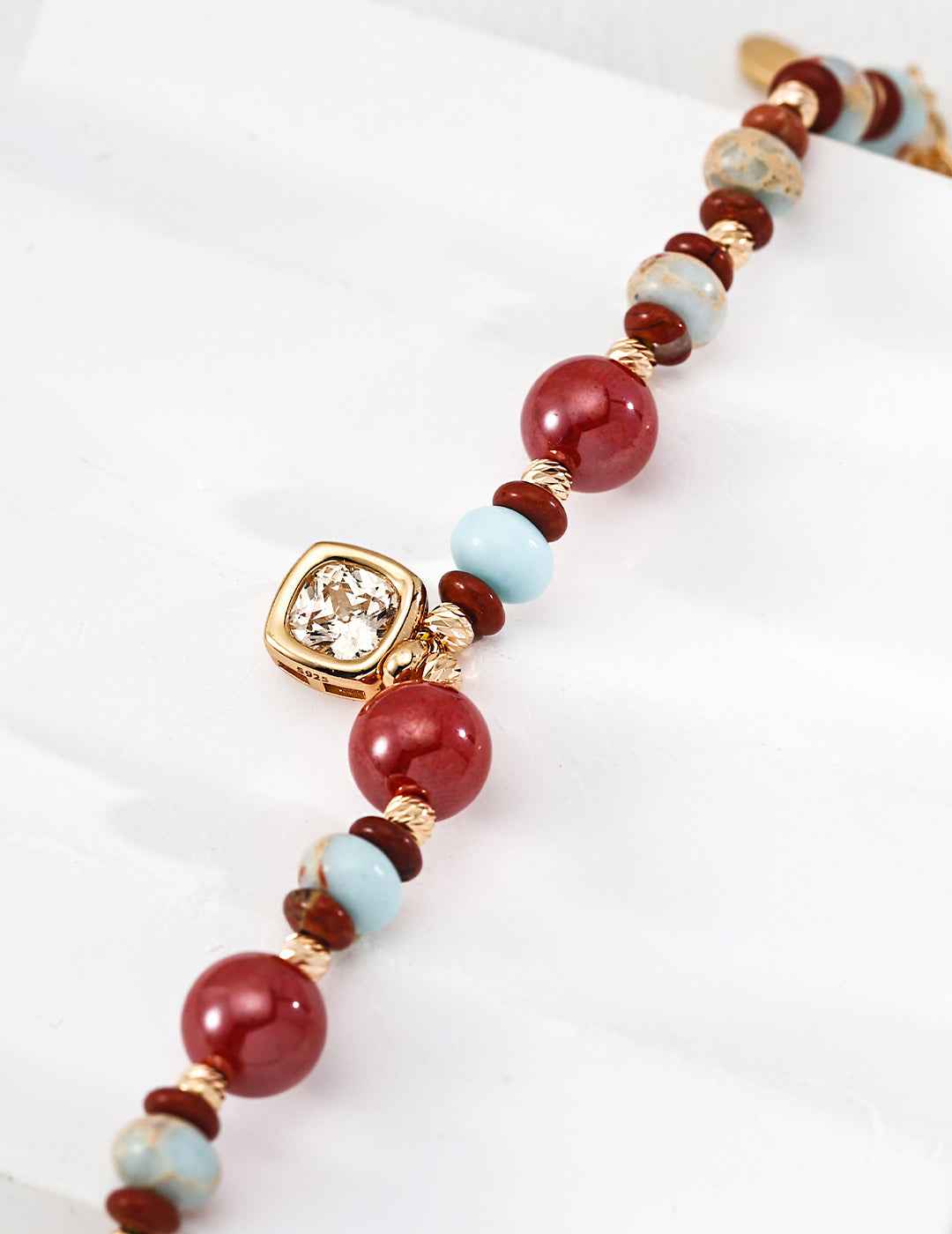 925 Sterling Silver Beaded Bracelet with Shoushan Stone and Cinnabar
