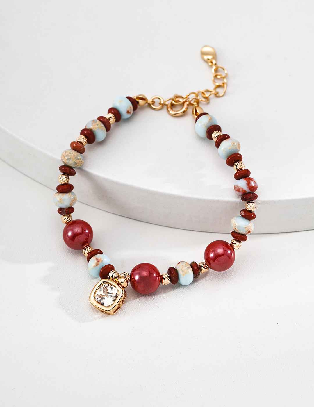 925 Sterling Silver Beaded Bracelet with Shoushan Stone and Cinnabar