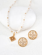 925 sterling silver clover necklace with freshwater pearl beaded chain, front view
