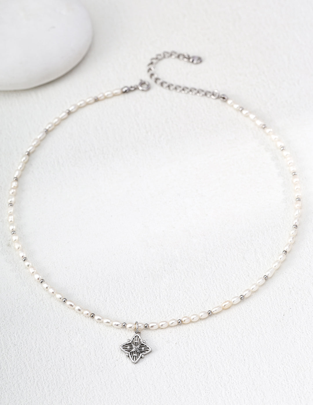 925 sterling silver clover necklace with freshwater pearl beaded chain, silver tone