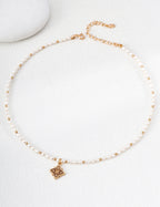 925 sterling silver clover necklace with freshwater pearl beaded chain, vintage gold tone