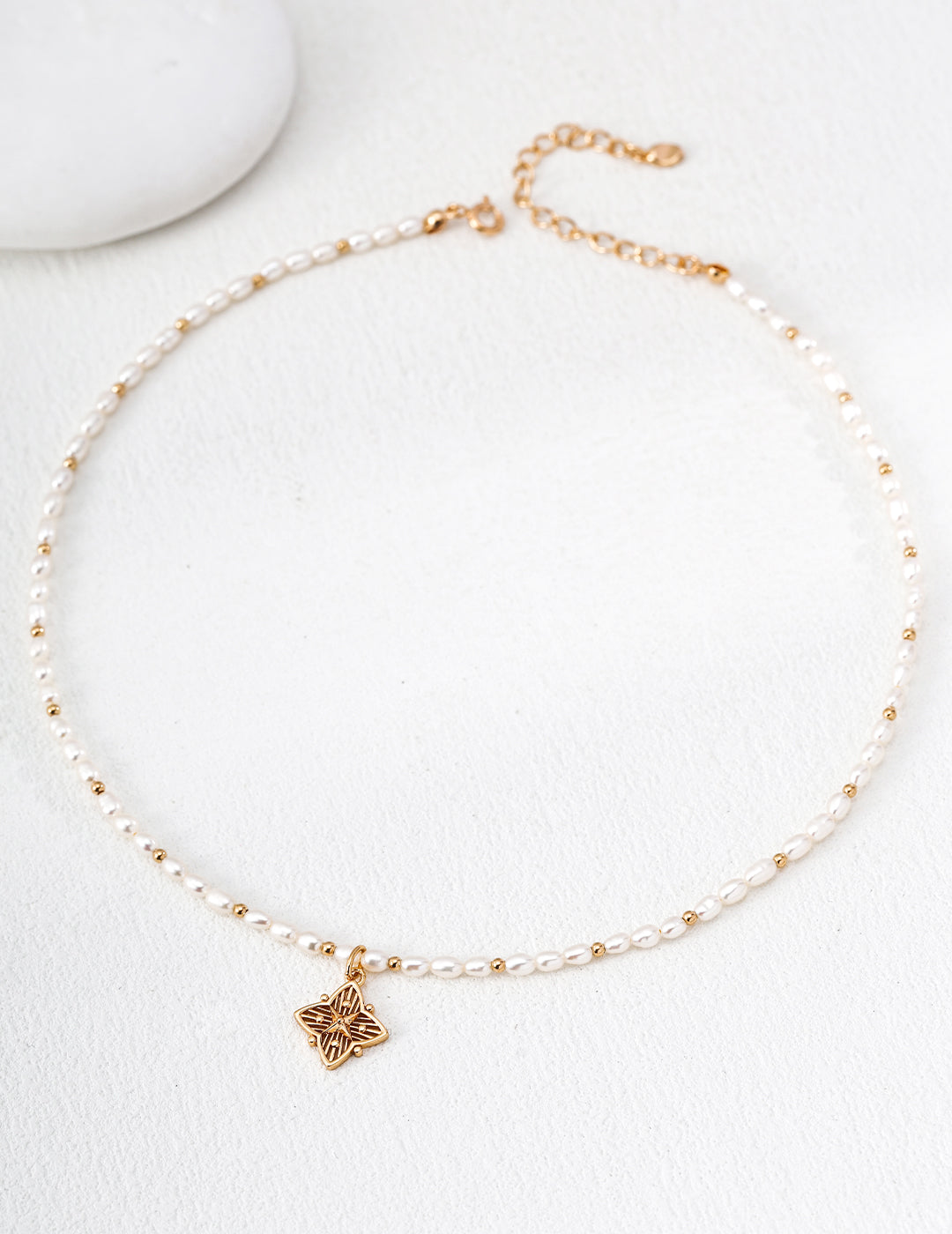 925 sterling silver clover necklace with freshwater pearl beaded chain, vintage gold tone