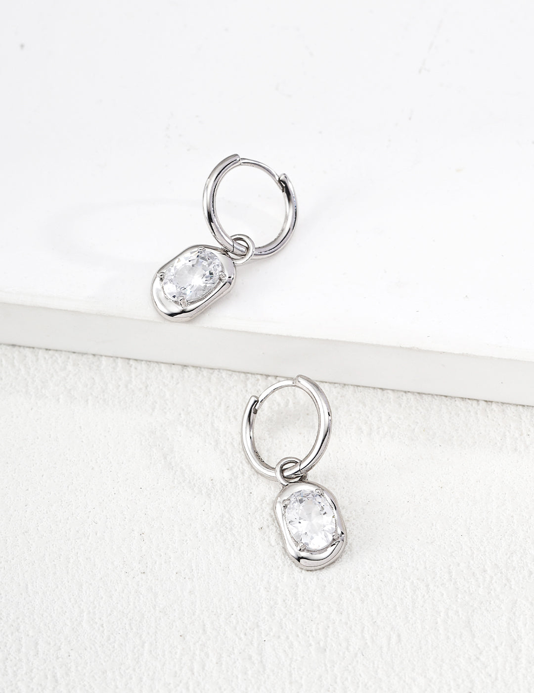 925 sterling silver CZ drop hoop earrings, silver tone version
