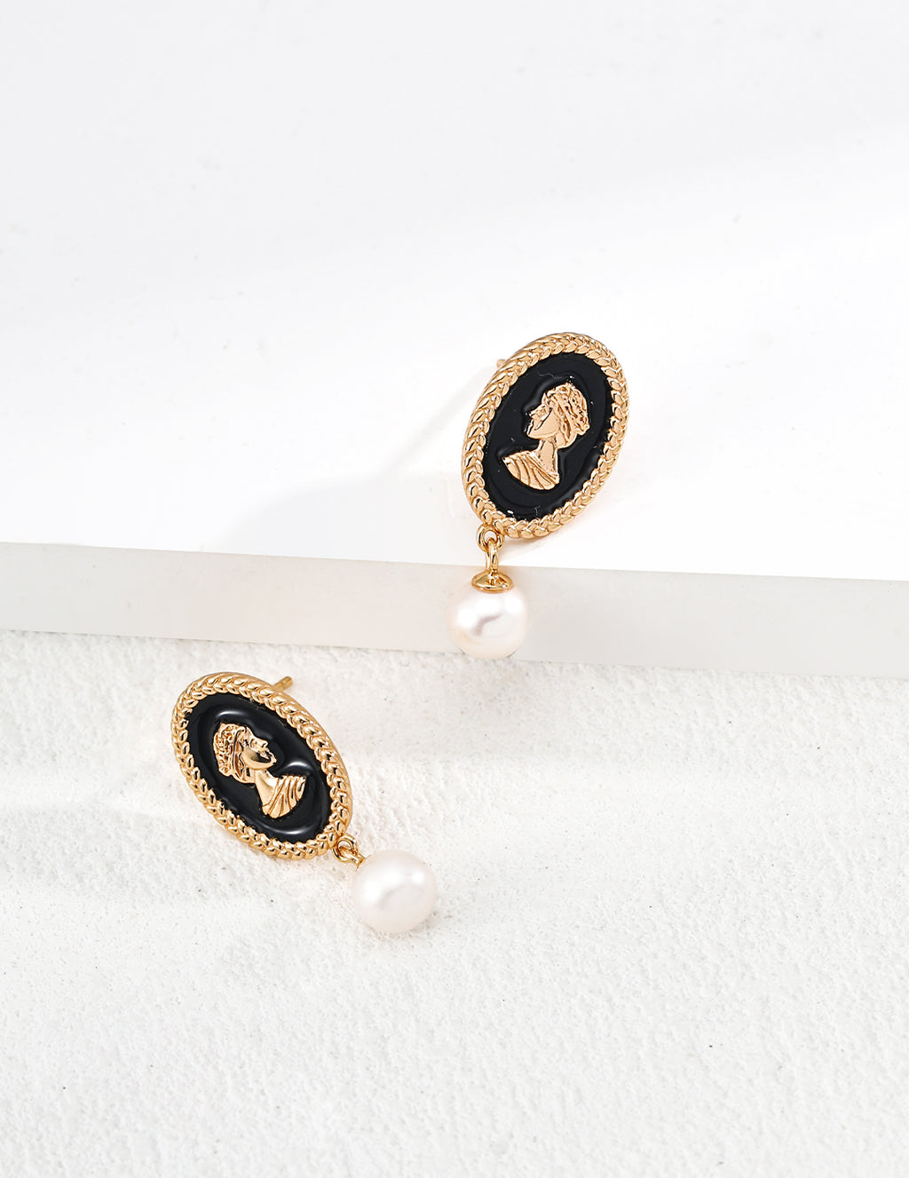 Pair of 925 sterling silver black enamel drop earrings with pearl accent