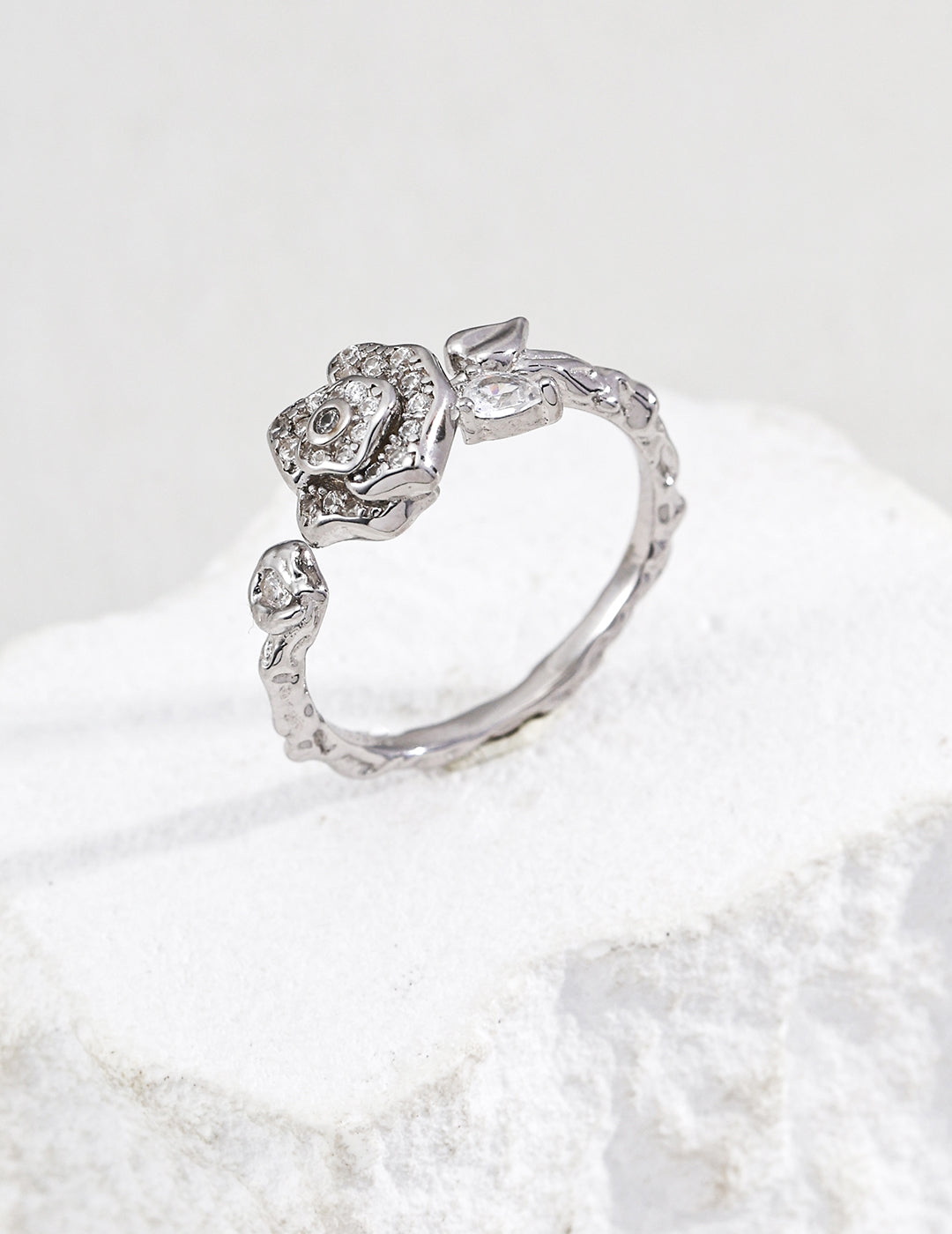 925 sterling silver camellia CZ ring, silver tone version, open adjustable band