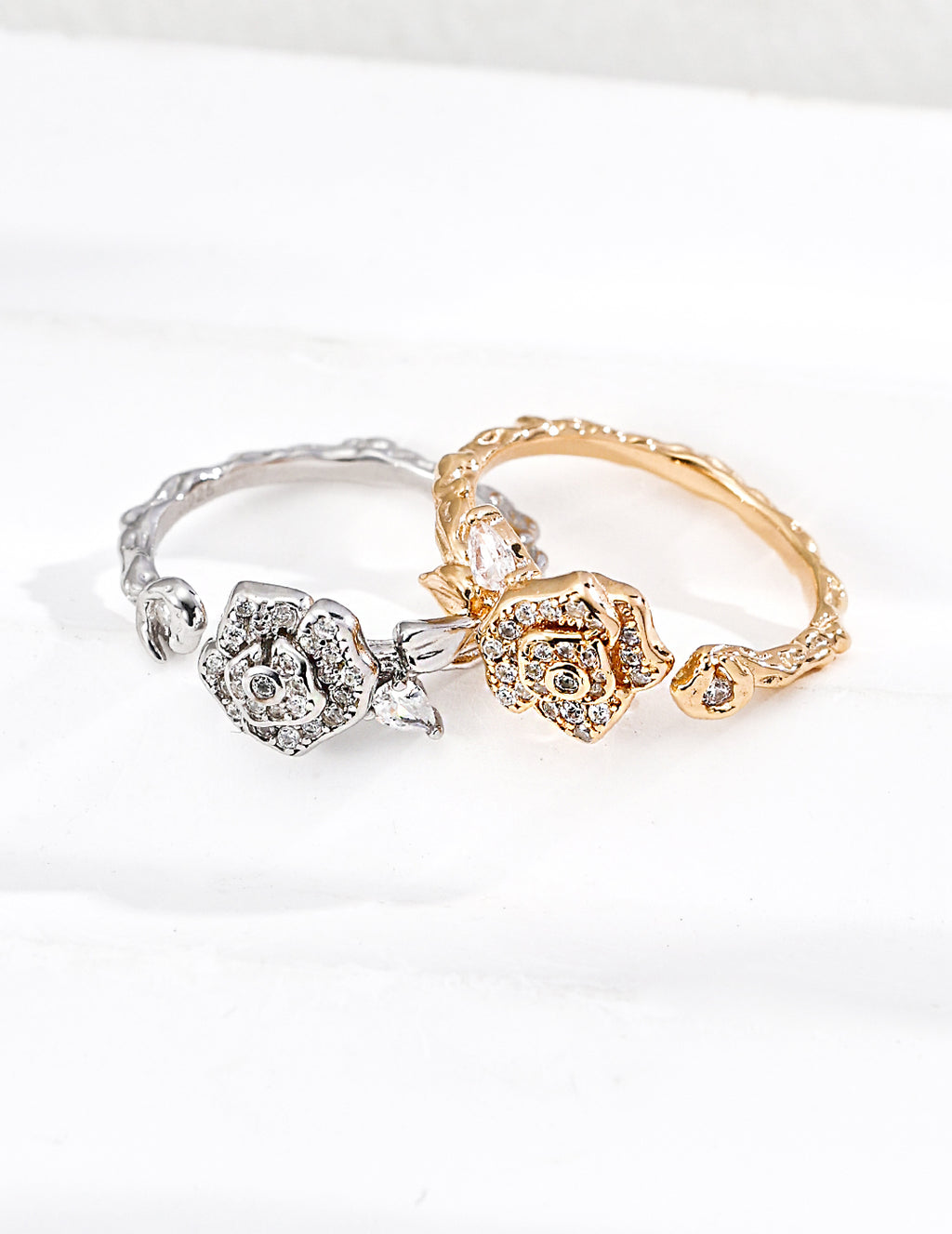 925 sterling silver adjustable ring with camellia flower motif and cubic zirconia accents, gold tone