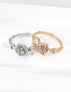 925 sterling silver adjustable ring with camellia flower motif and cubic zirconia accents, gold tone