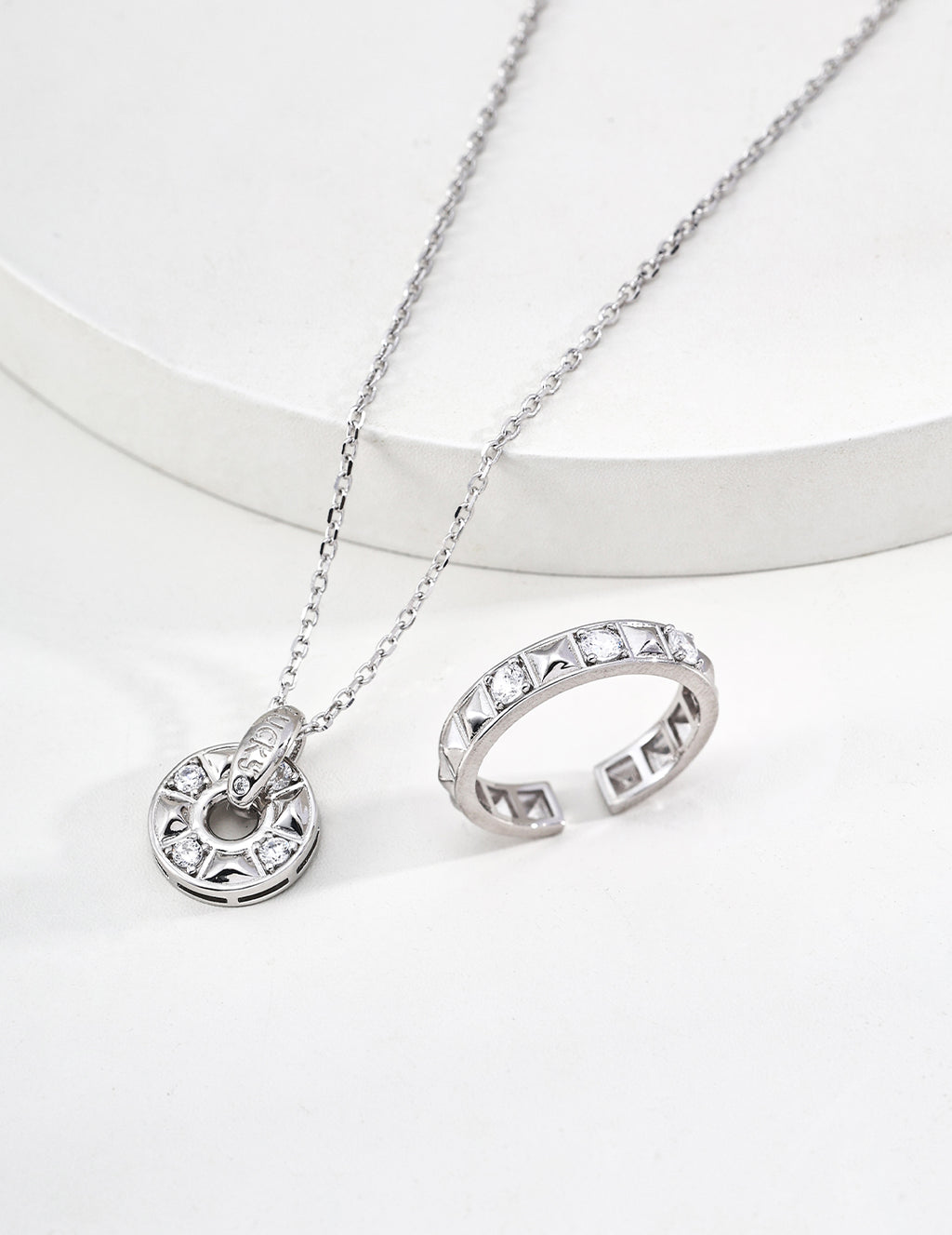 Full length view of 925 sterling silver coin pendant necklace, 40 cm chain