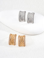 925 sterling silver stud earrings with layered mesh-like textured surface and CZ accents, gold tone
