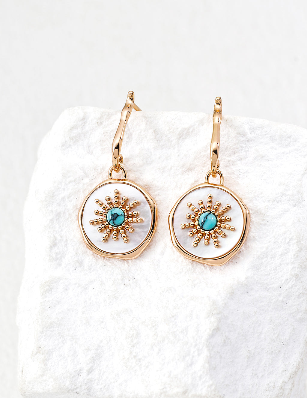925 sterling silver drop earrings with turquoise and mother of pearl, gold-tone setting, front view