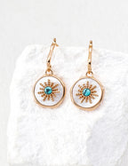 925 sterling silver drop earrings with turquoise and mother of pearl, gold-tone setting, front view