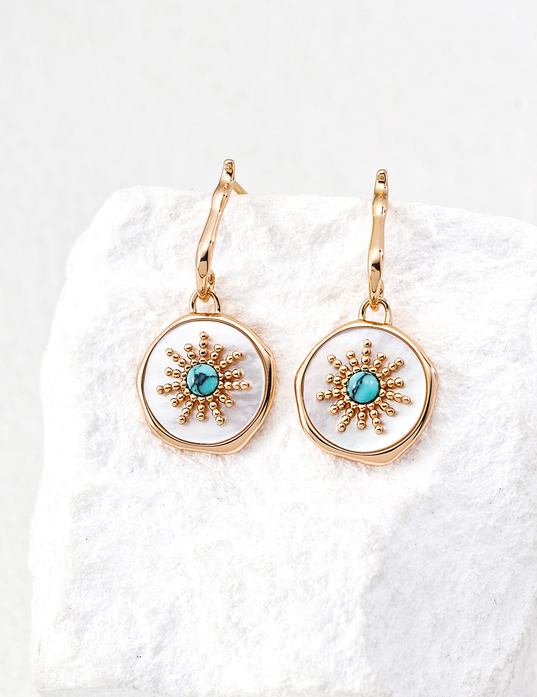 925 sterling silver drop earrings with turquoise and mother of pearl, gold-tone setting, front view