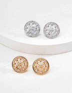 925 sterling silver round stud earrings with textured surface and CZ accents, vintage gold tone, approx. 1.6 cm