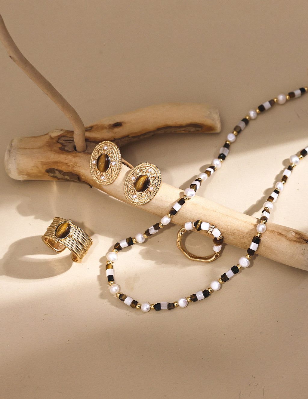 925 Sterling Silver Pearl, Mother of Pearl and Tiger’s Eye Necklace