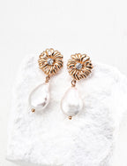 925 Sterling Silver Pearl and Cubic Zirconia Floral Drop Earrings