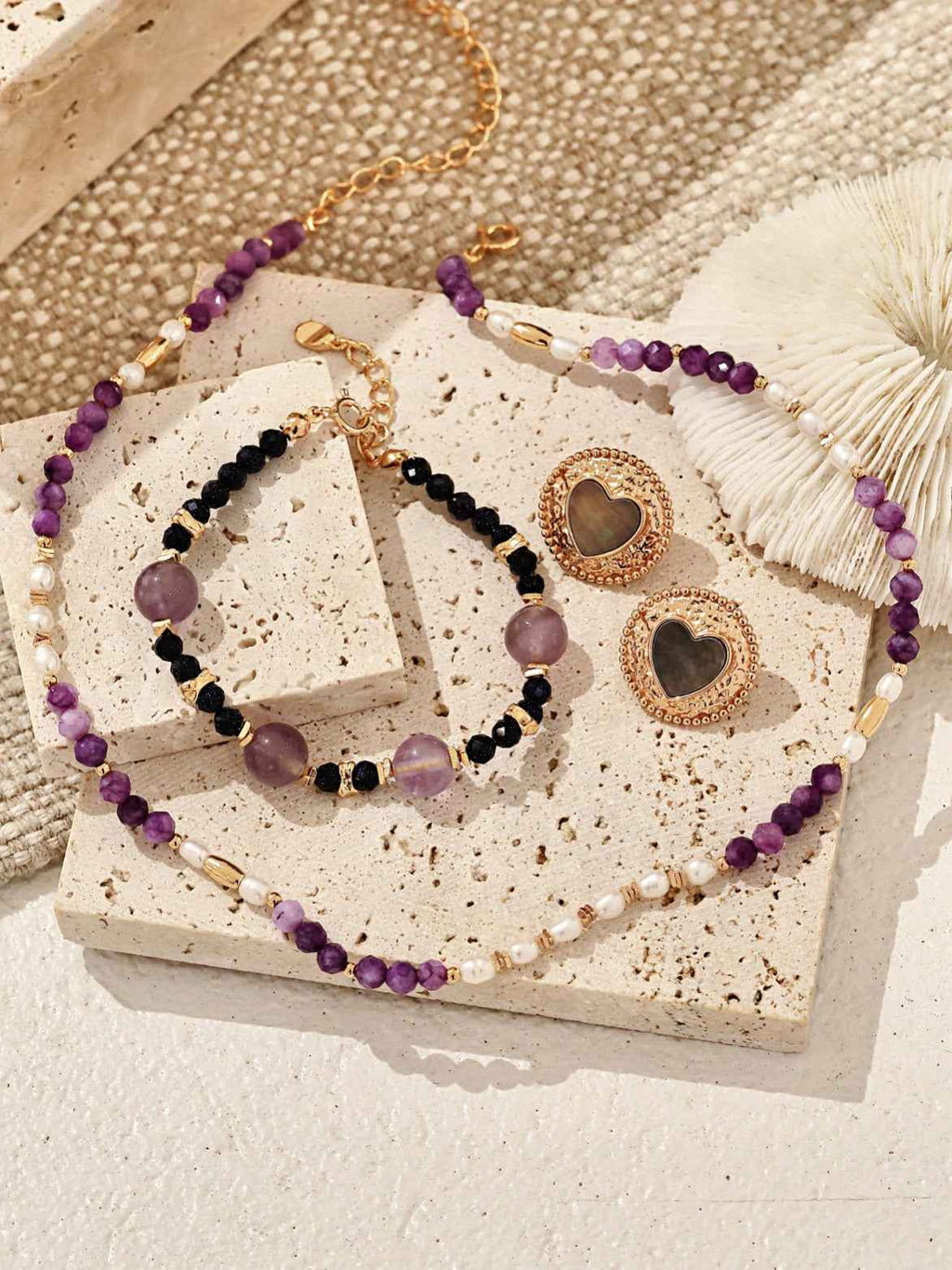 925 Sterling Silver Amethyst and Blue Sandstone Beaded Bracelet
