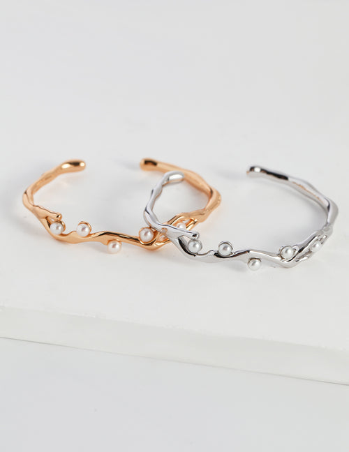 925 Sterling Silver Natural Pearl Bangle - Silver