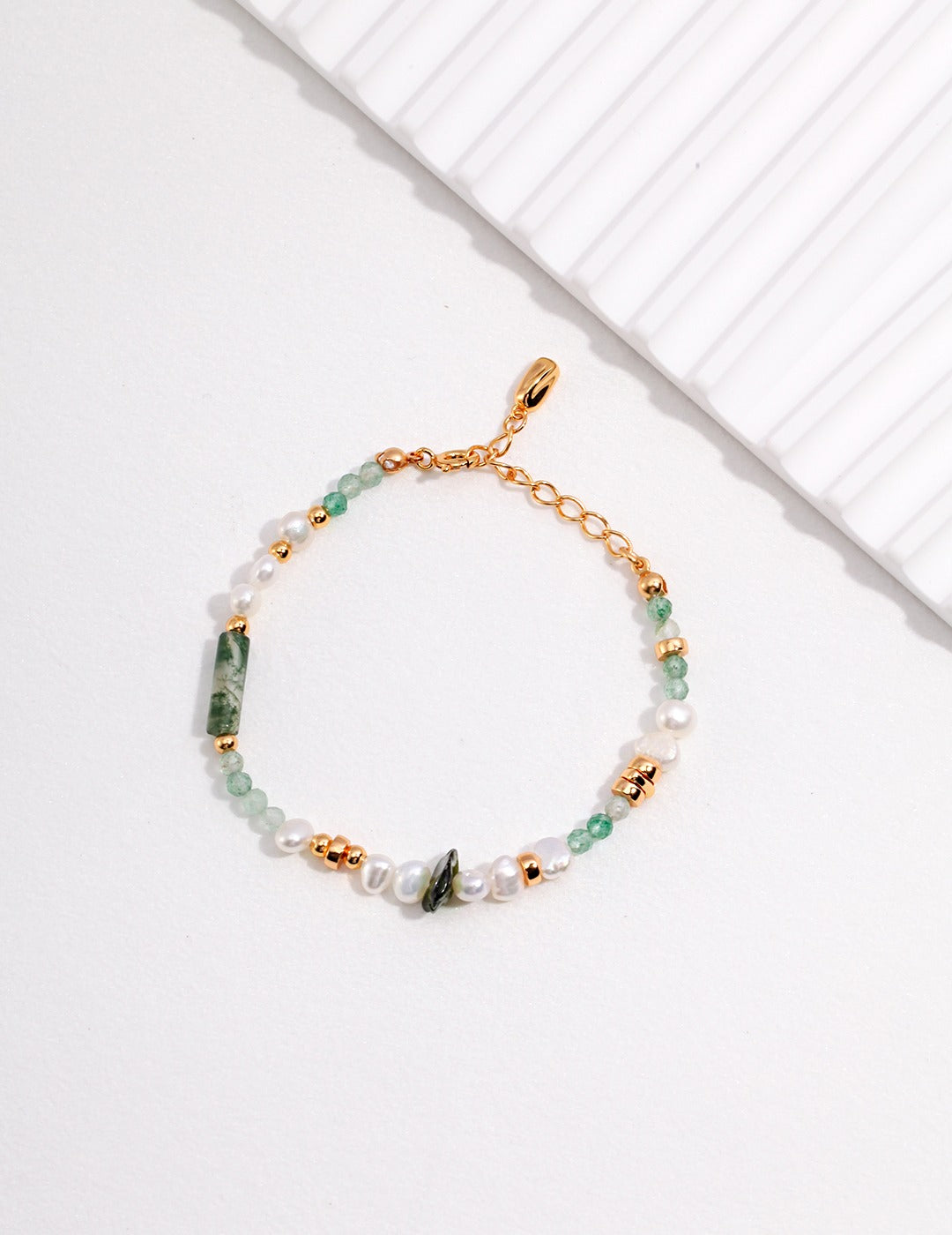 925 Sterling Silver Natural Pearl, Moss Agate and Green Strawberry Quartz Bracelet - Silver