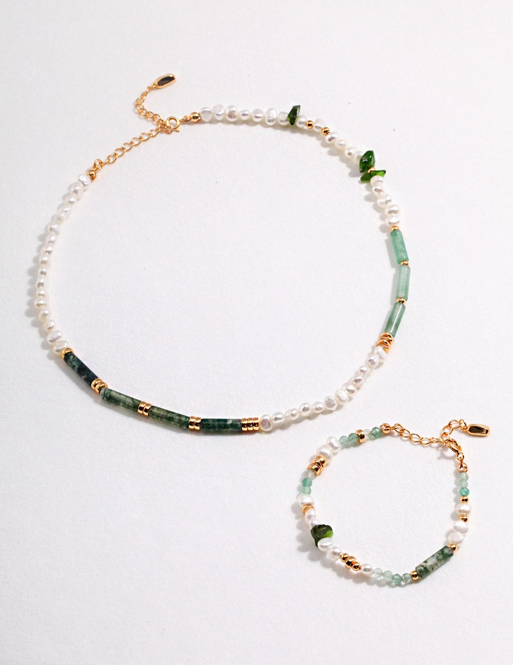 925 Sterling Silver Natural Pearl, Moss Agate and Green Strawberry Quartz Bracelet - Silver