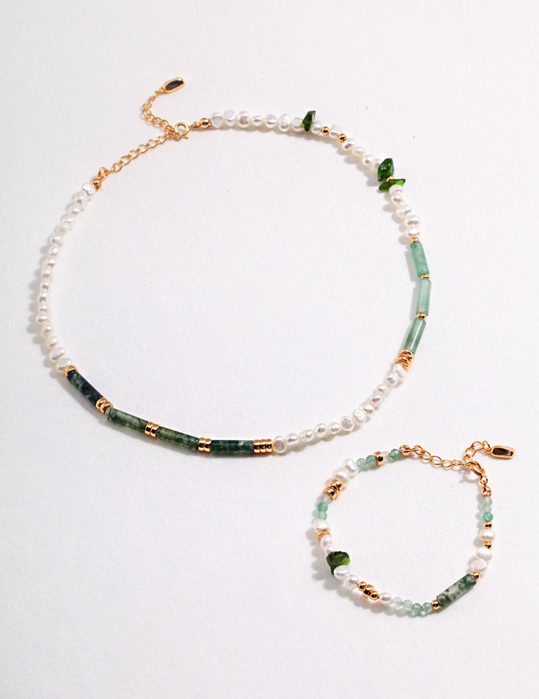 925 Sterling Silver Natural Pearl, Moss Agate and Green Strawberry Quartz Bracelet - Silver