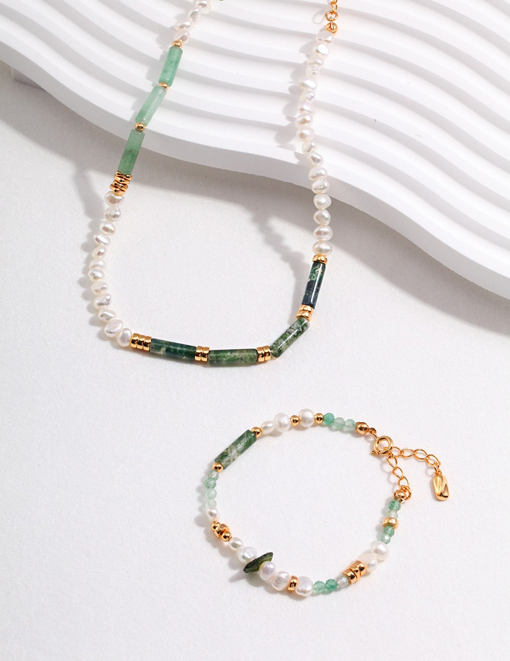 925 Sterling Silver Natural Pearl, Moss Agate and Green Strawberry Quartz Bracelet - Silver