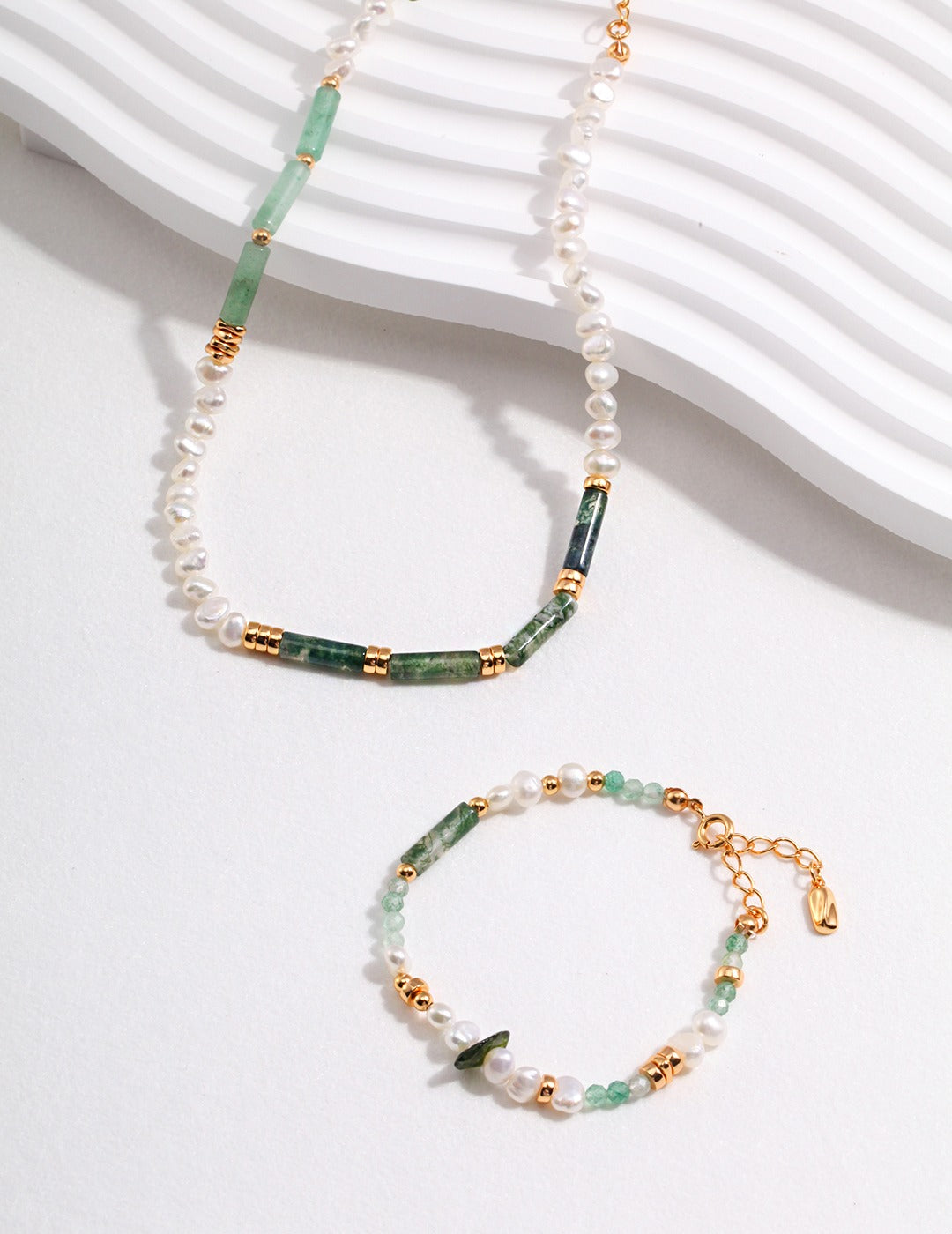 925 Sterling Silver Natural Pearl, Moss Agate and Green Strawberry Quartz Bracelet - Silver