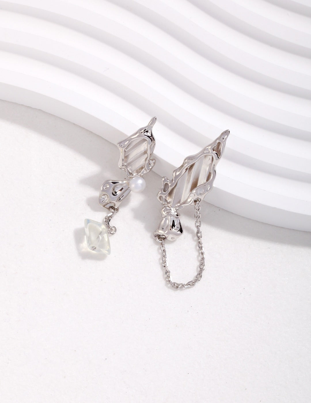 925 Sterling Silver Butterfly Natural Pearl and Opal Earrings - Silver