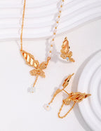 925 Sterling Silver Butterfly Natural Pearl and Opal Earrings - Silver