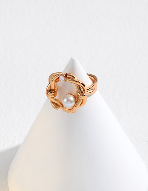 925 Sterling Silver Willow Natural Pearl and Cubic Zirconia Ring - Silver