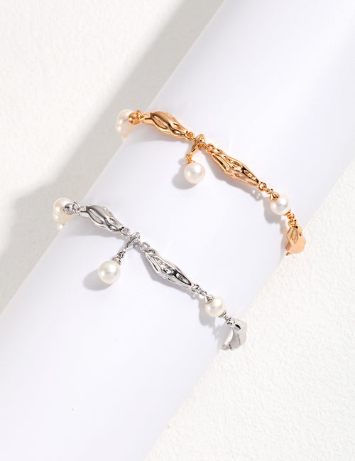 925 Sterling Silver Scarf Natural Pearl Bracelet - Silver
