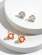 925 Sterling Silver Floral Natural Pearl Earrings - Silver