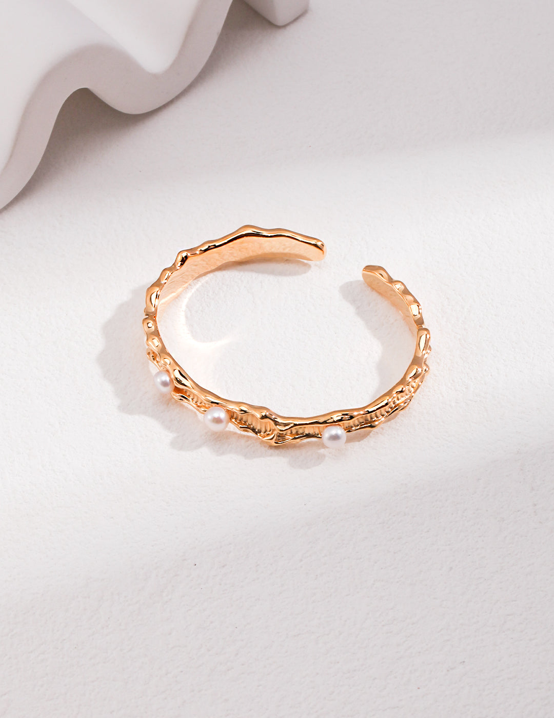 925 Sterling Silver Floral Natural Pearl Bangle - Silver