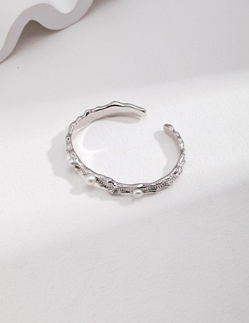 925 Sterling Silver Floral Natural Pearl Bangle - Silver
