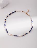925 Sterling Silver Natural Pearl and Lapis Lazuli Necklace - Silver