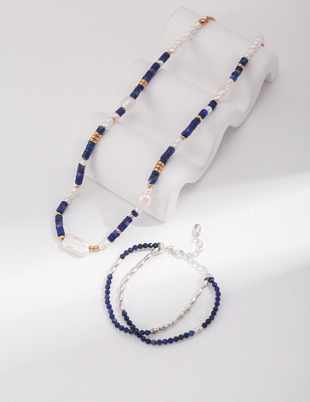 925 Sterling Silver Natural Pearl and Lapis Lazuli Necklace - Silver