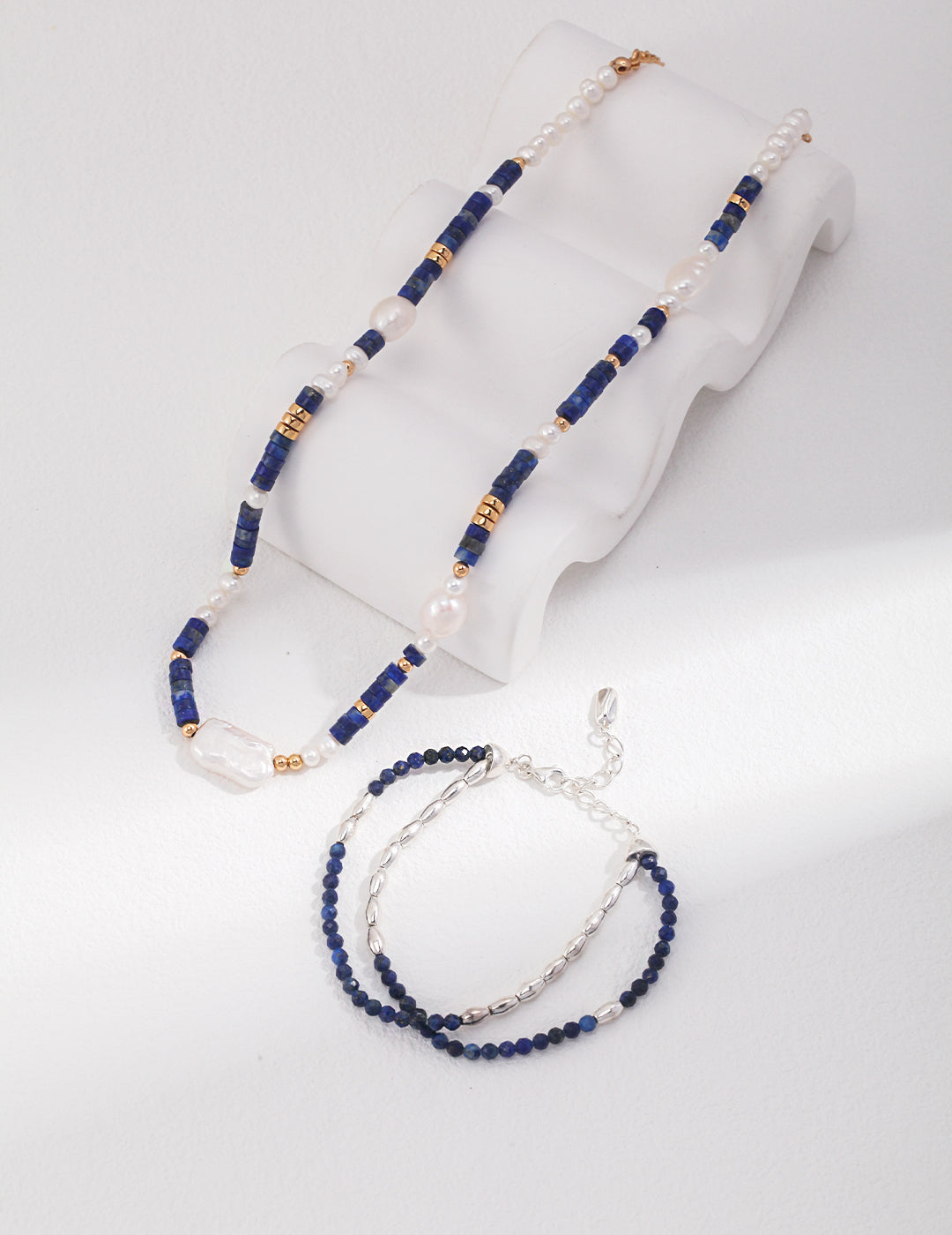 925 Sterling Silver Natural Pearl and Lapis Lazuli Necklace - Silver