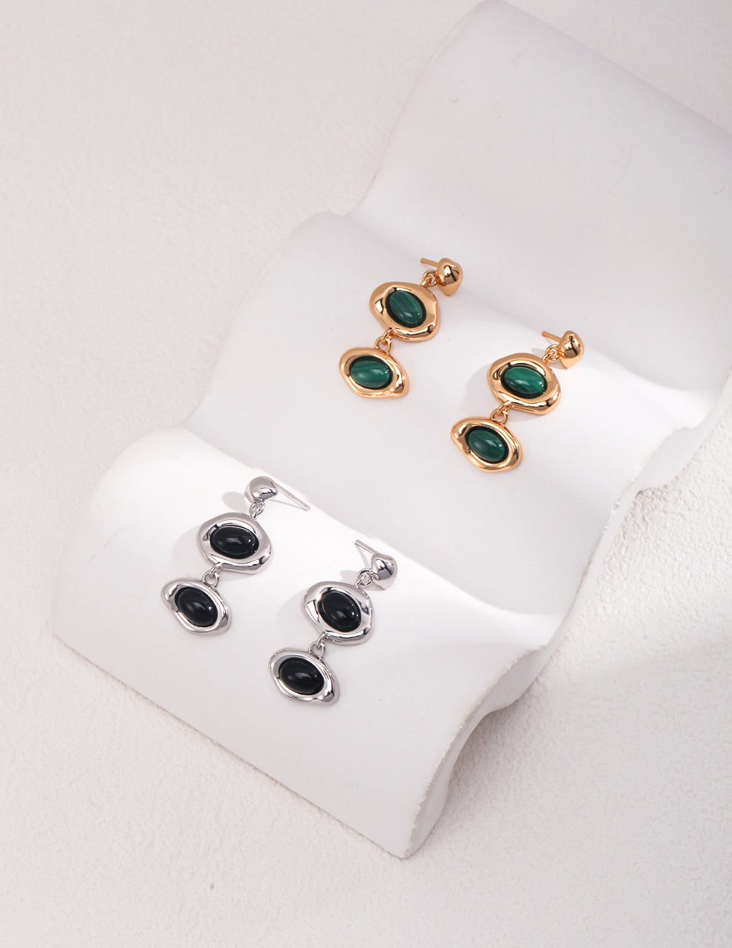 925 Sterling Silver Black Agate and Malachite Earrings - Silver