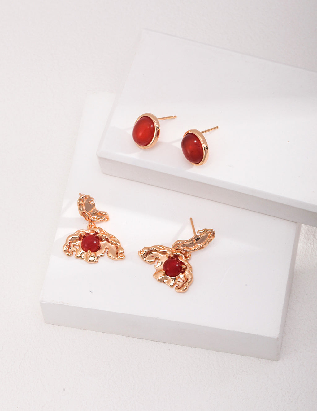 925 Sterling Silver Leaf Red Agate Earrings - Silver