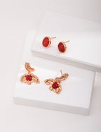 925 Sterling Silver Leaf Red Agate Earrings - Silver
