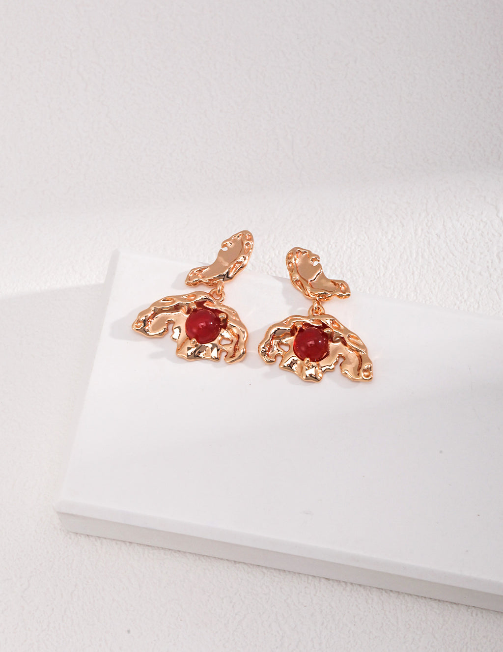 925 Sterling Silver Leaf Red Agate Earrings - Silver