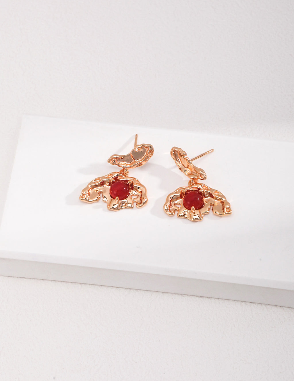 925 Sterling Silver Leaf Red Agate Earrings - Silver
