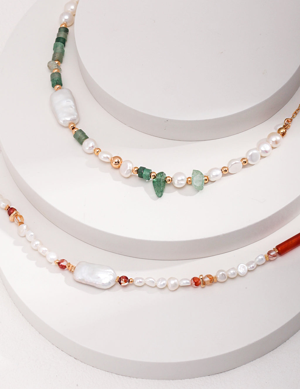 925 Sterling Silver 草莓晶碎石 and Natural Pearl Necklace - Silver