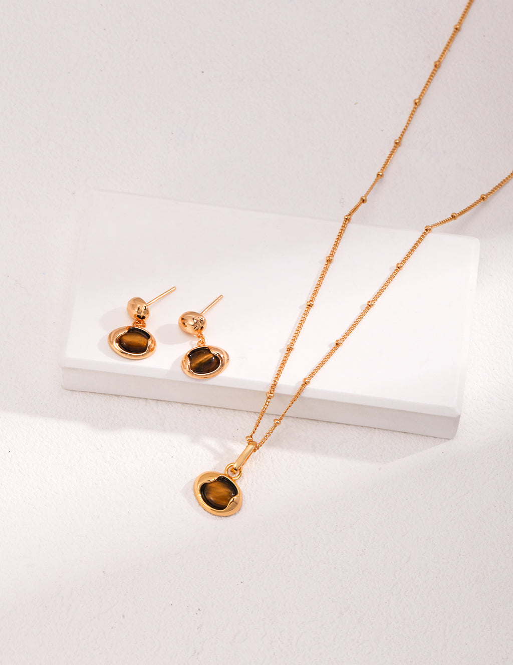 925 Sterling Silver Natural Tiger’s Eye Earrings - Vintage Gold